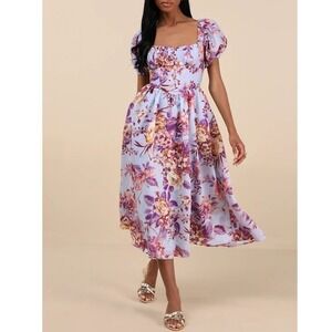 Lulus Adorable Tendencies Periwinkle Floral Puff Sleeve Midi Dress XL Milkmaid